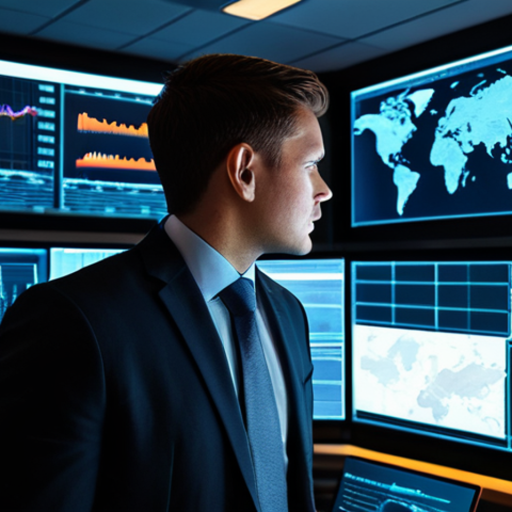 A professional cybersecurity analyst in a modest business suit, focused intently on multiple glowing screens displaying complex data visualizations and network maps in a modern, high-tech control room. The ambiance is professional and secure, highlighting global digital defense and data integrity. safe for work, appropriate content, fully clothed, professional, perfect anatomy, correct proportions, natural pose, well-formed hands, proper finger count, natural body proportions, high quality, studio lighting.