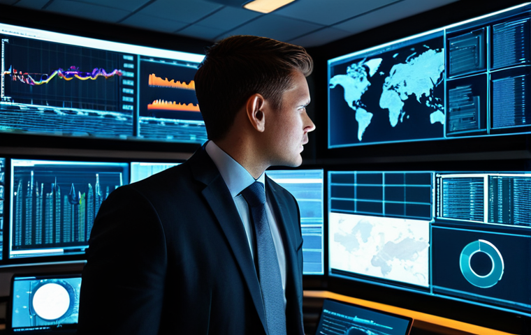 A professional cybersecurity analyst in a modest business suit, focused intently on multiple glowing screens displaying complex data visualizations and network maps in a modern, high-tech control room. The ambiance is professional and secure, highlighting global digital defense and data integrity. safe for work, appropriate content, fully clothed, professional, perfect anatomy, correct proportions, natural pose, well-formed hands, proper finger count, natural body proportions, high quality, studio lighting.
