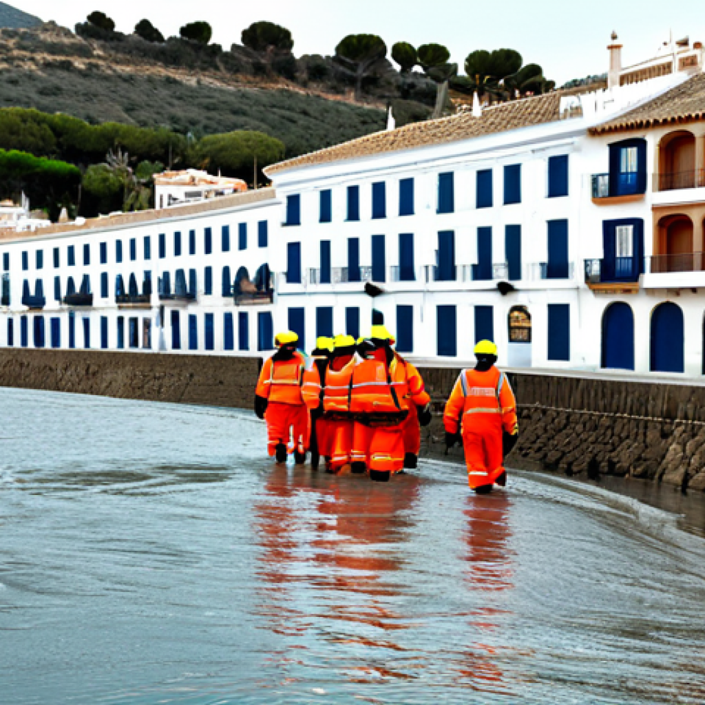 글로벌브릿지와 자연 재해 대응 - **Prompt:** A vibrant coastal town in Andalusia, Spain, showcasing modern flood defenses alongside t...