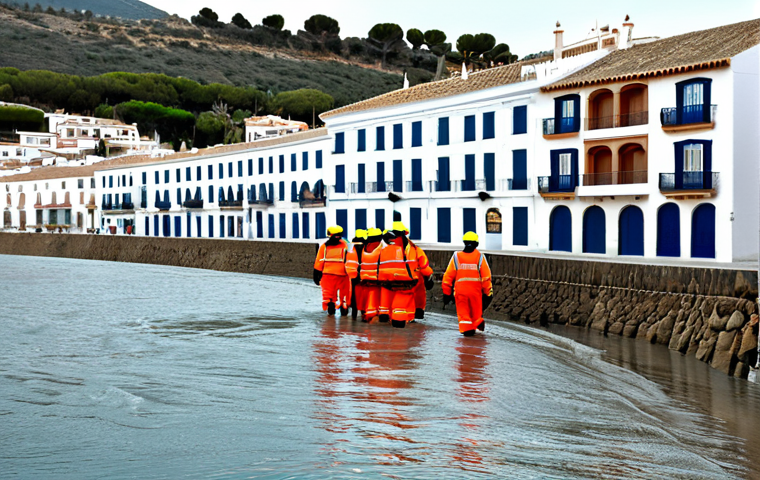 글로벌브릿지와 자연 재해 대응 - **Prompt:** A vibrant coastal town in Andalusia, Spain, showcasing modern flood defenses alongside t...