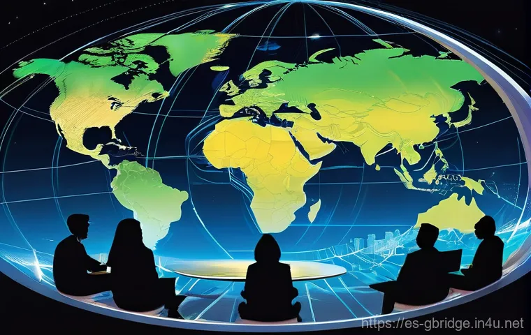 글로벌브릿지와 국가간 협력 - **Digital Web of Global Connectivity:** "A vibrant, panoramic image showcasing the interconnectednes...