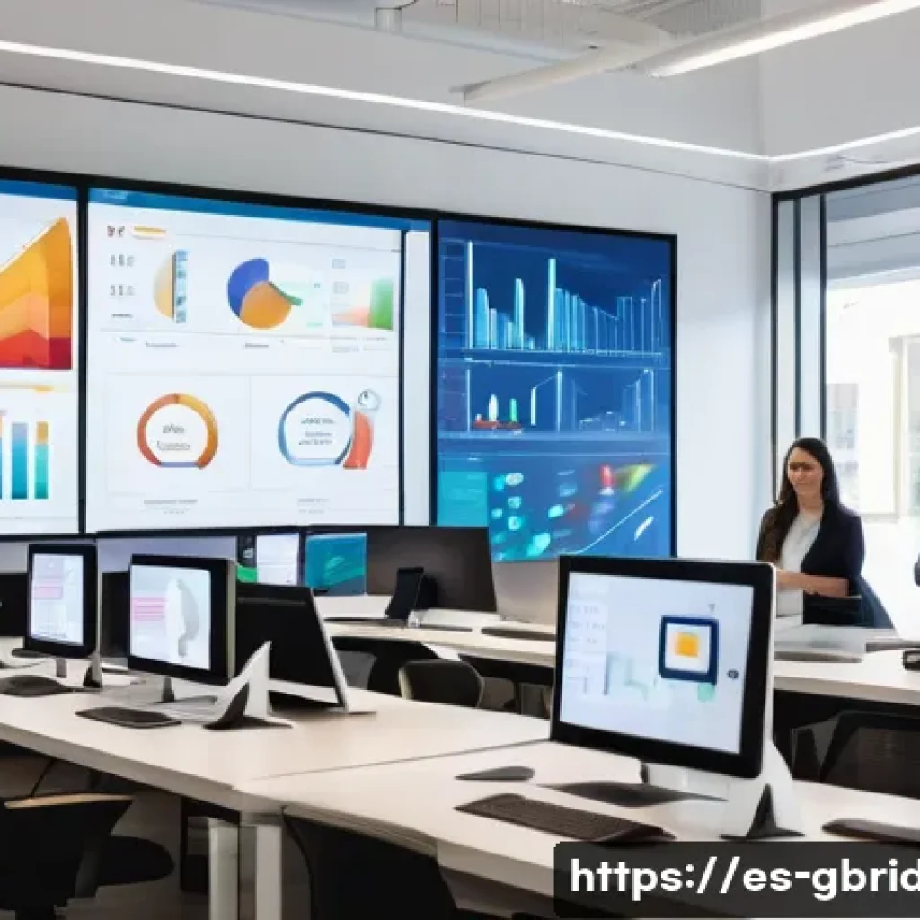 글로벌브릿지와 빅데이터 활용 - A modern office setting in a Spanish retail company, showing a diverse team of professionals analyzi...