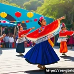 글로벌브릿지와 문화 유산 - A vibrant international cultural festival scene in Mexico showcasing indigenous traditions: colorful...