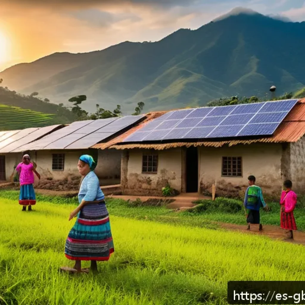 글로벌브릿지와 기후 변화 대응 - A vibrant rural Colombian village scene at sunrise, featuring diverse community members—men, women, ...