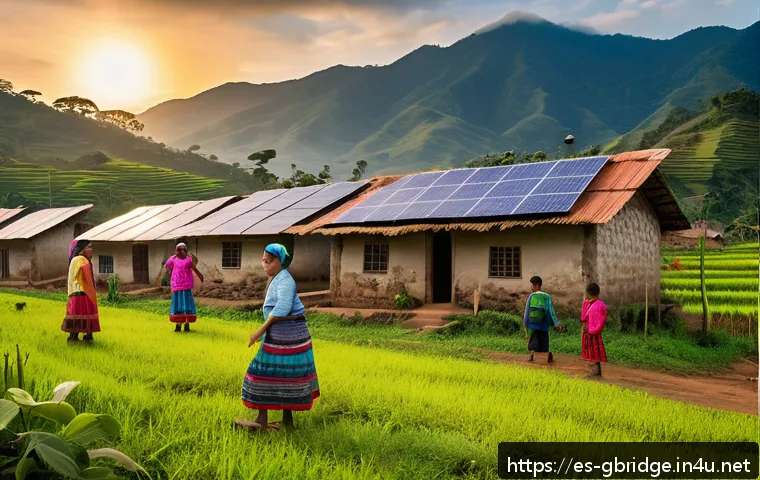 글로벌브릿지와 기후 변화 대응 - A vibrant rural Colombian village scene at sunrise, featuring diverse community members—men, women, ...