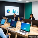 글로벌브릿지와 디지털 트랜스포메이션 - A modern Latin American office environment where a diverse team of professionals is engaged in a dig...
