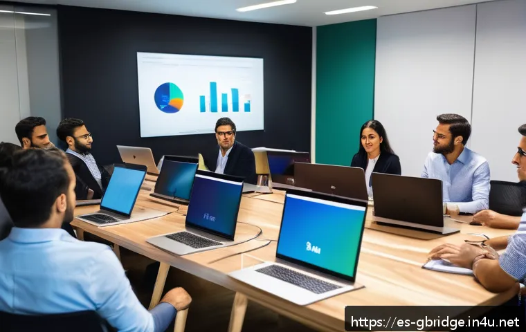 글로벌브릿지와 디지털 트랜스포메이션 - A modern Latin American office environment where a diverse team of professionals is engaged in a dig...