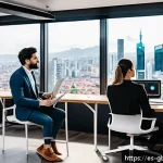 글로벌브릿지와 혁신적인 스타트업 - A dynamic startup workspace scene in a modern Latin American city, showing a diverse team of young e...