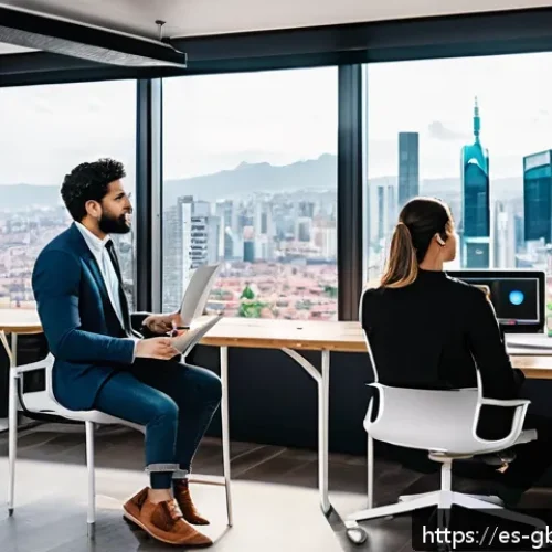 글로벌브릿지와 혁신적인 스타트업 - A dynamic startup workspace scene in a modern Latin American city, showing a diverse team of young e...
