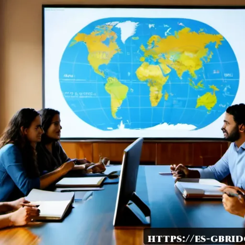 글로벌브릿지와 온라인 협력 - Photorealistic wide-angle scene of a multicultural online collaboration meeting connecting Madrid, M...