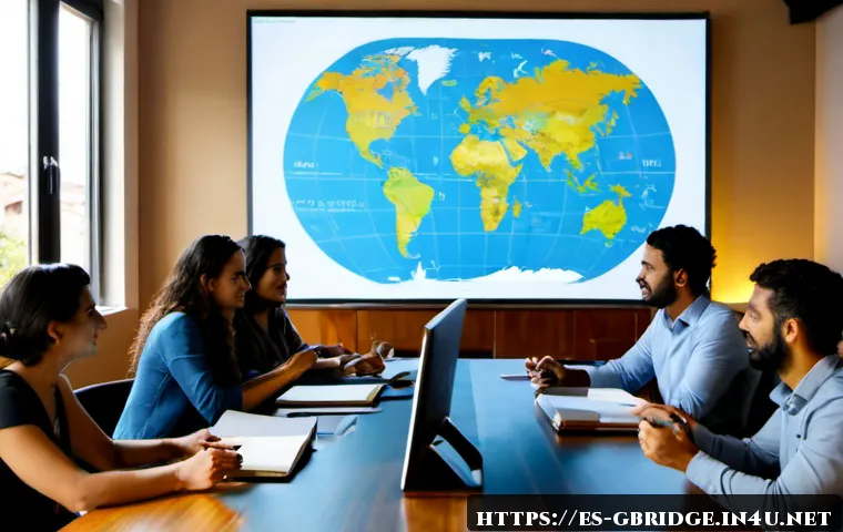 글로벌브릿지와 온라인 협력 - Photorealistic wide-angle scene of a multicultural online collaboration meeting connecting Madrid, M...