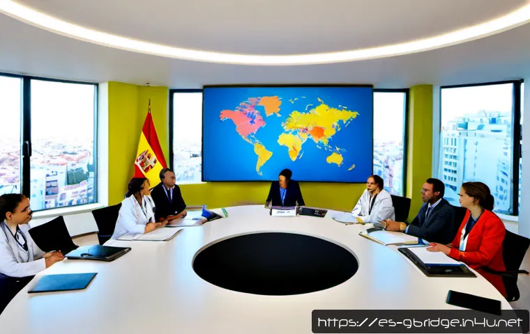 글로벌브릿지와 세계 보건 기구 - Photorealistic global public health collaboration scene, diverse Spanish-speaking medical profession...