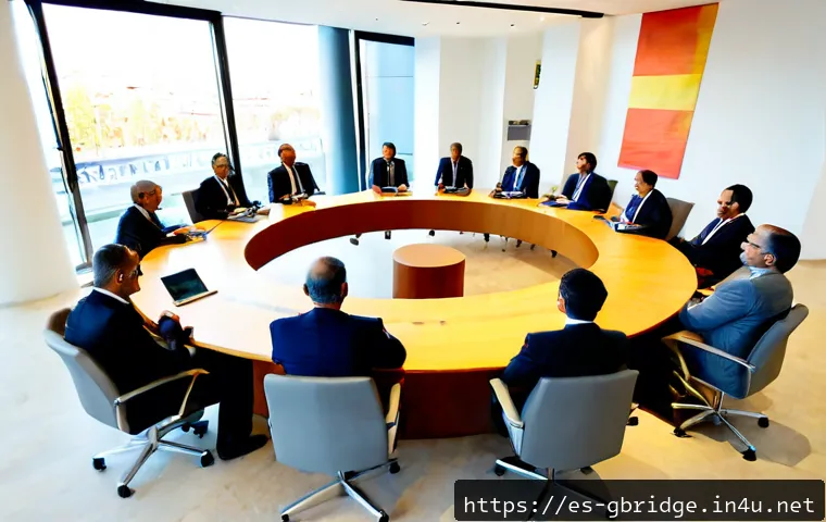 글로벌브릿지와 국제 경제 포럼 - Photorealistic international economic forum in Madrid, Spain, diverse Spanish-speaking business lead...